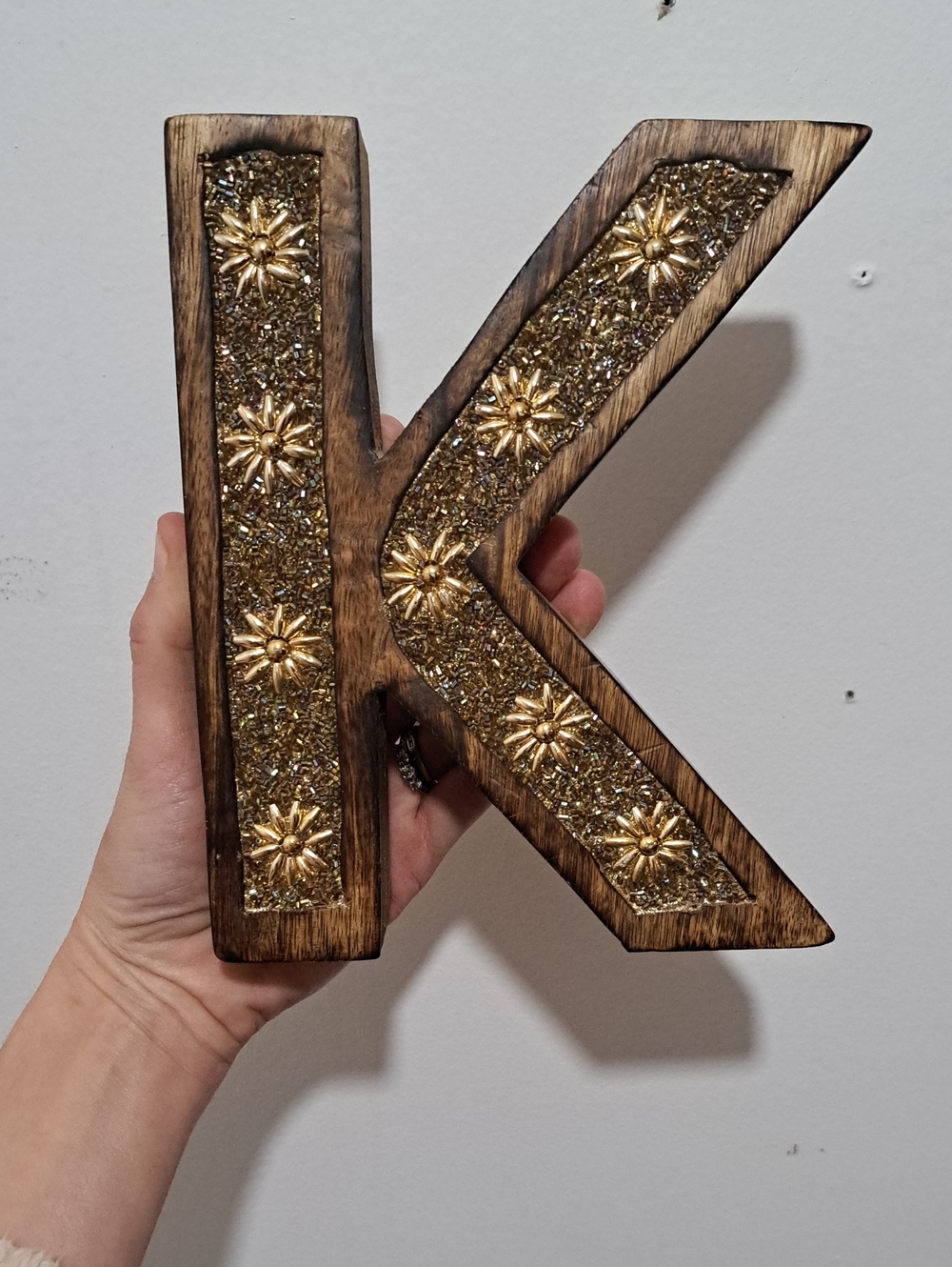 Handcrafted Wooden Letter K with Gold Embellishments Celestial